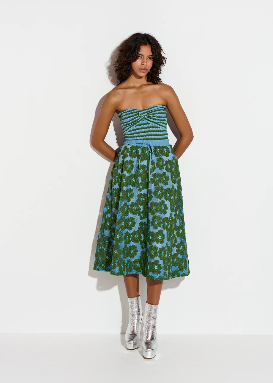 Jupe midi bleue et verte à fleurs brodées