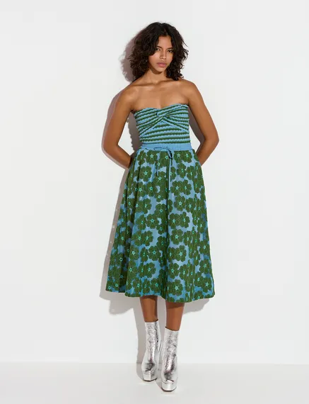 Blue and green floral-embroidered midi-length skirt