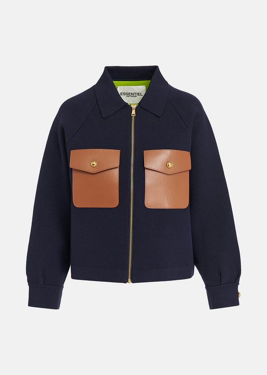 Navy blue knitted jacket with faux leather patch pockets