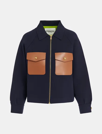 Navy blue knitted jacket with faux leather patch pockets