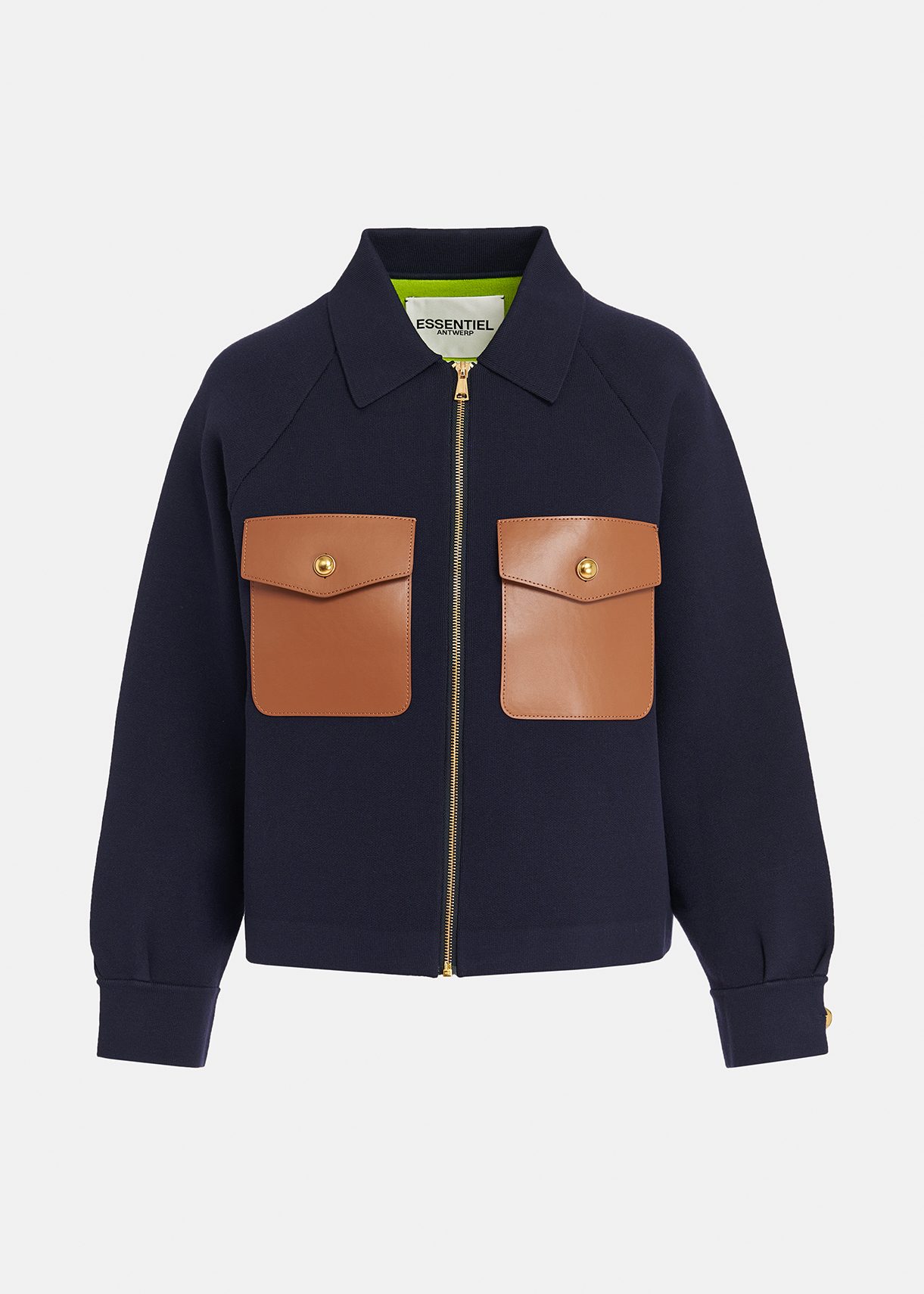 Navy blue knitted jacket with faux leather patch pockets