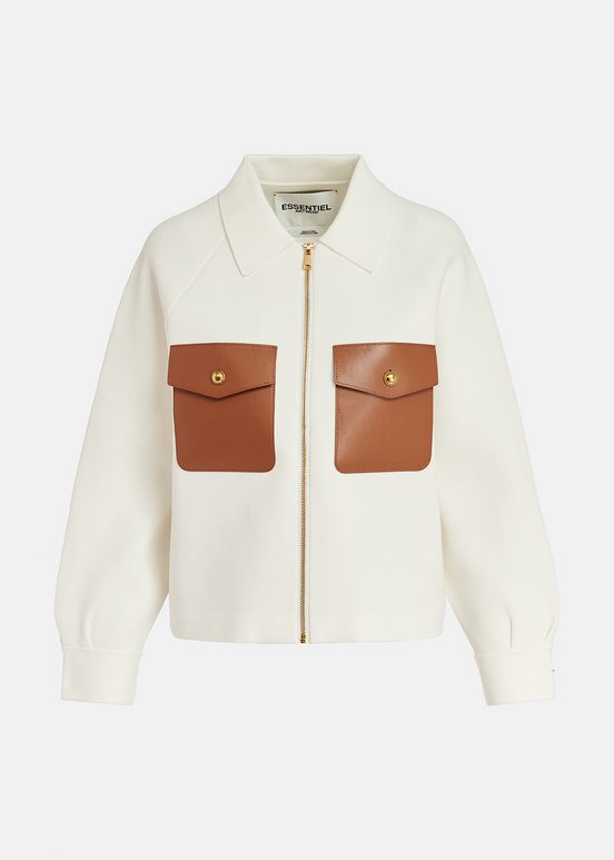 Veste en tricot blanc cassé à poches plaquées en faux cuir