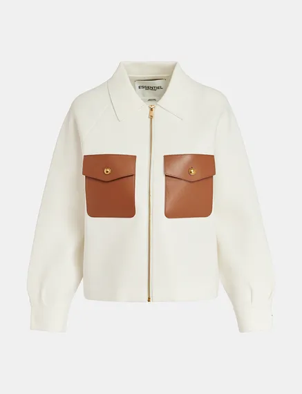 Off-white knitted jacket with faux leather patch pockets