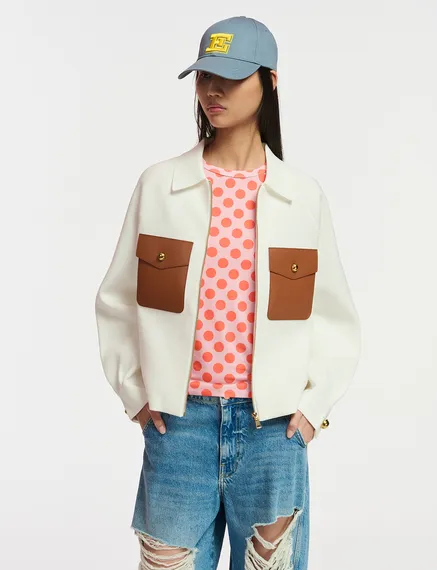 Off-white knitted jacket with faux leather patch pockets