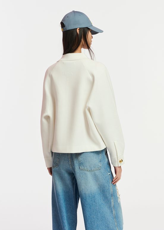 Off-white knitted jacket with faux leather patch pockets