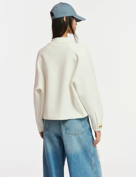 Off-white knitted jacket with faux leather patch pockets