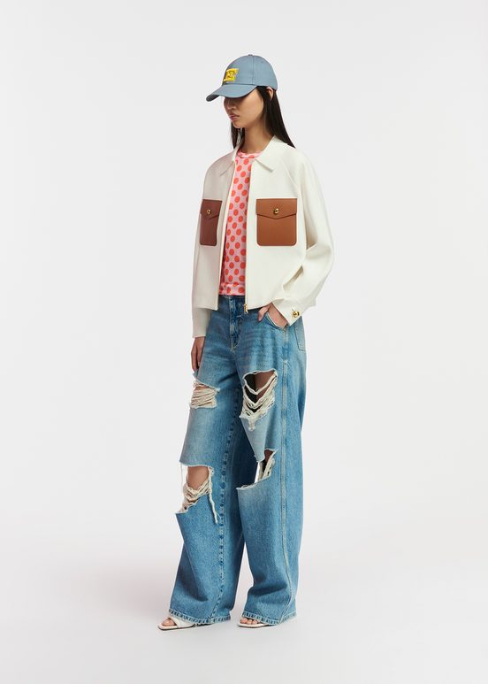 Off-white knitted jacket with faux leather patch pockets