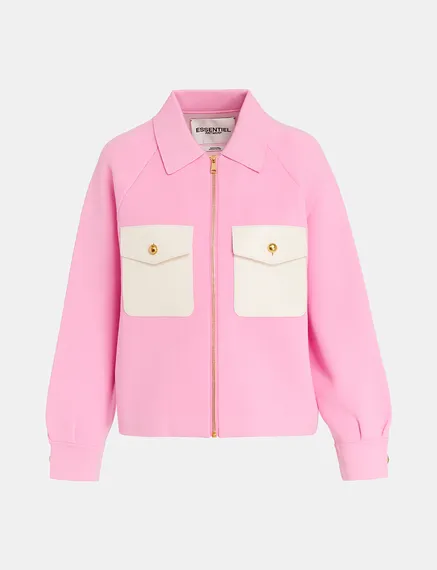 Pink knitted jacket with faux leather patch pockets