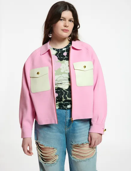 Pink knitted jacket with faux leather patch pockets