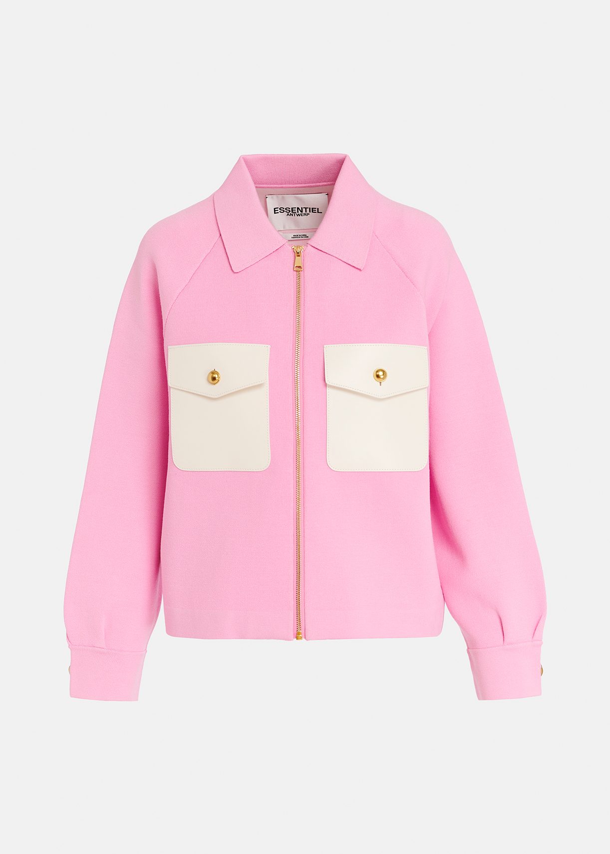 Pink knitted jacket with faux leather patch pockets