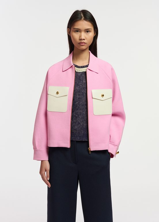 Pink knitted jacket with faux leather patch pockets