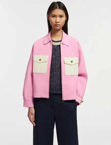 Pink knitted jacket with faux leather patch pockets