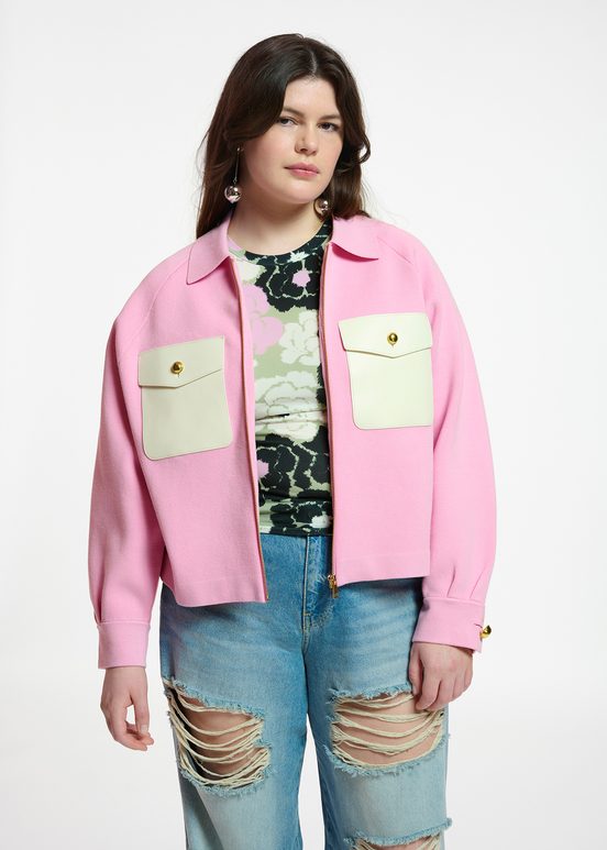 Pink knitted jacket with faux leather patch pockets