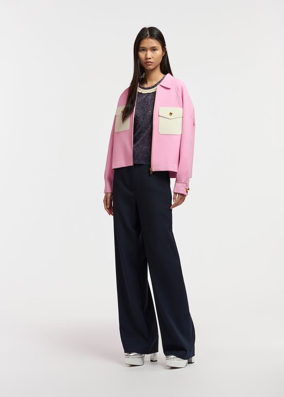 Pink knitted jacket with faux leather patch pockets