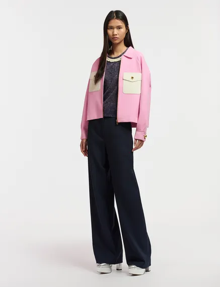 Pink knitted jacket with faux leather patch pockets