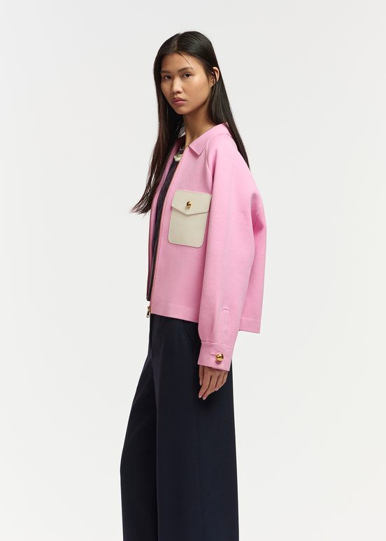 Pink knitted jacket with faux leather patch pockets