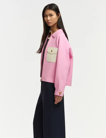 Pink knitted jacket with faux leather patch pockets