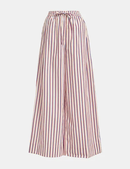 Ecru, burgundy and blue striped cotton pants