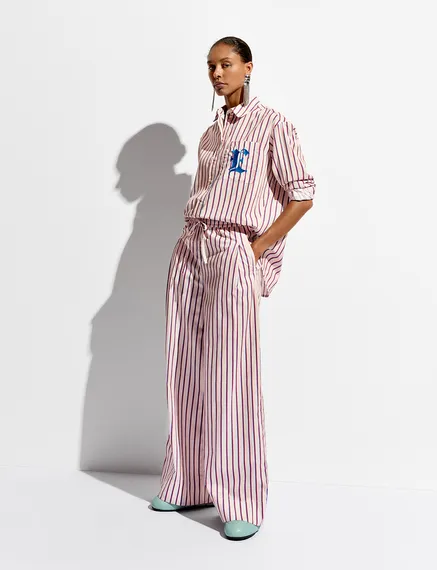 Ecru, burgundy and blue striped cotton pants