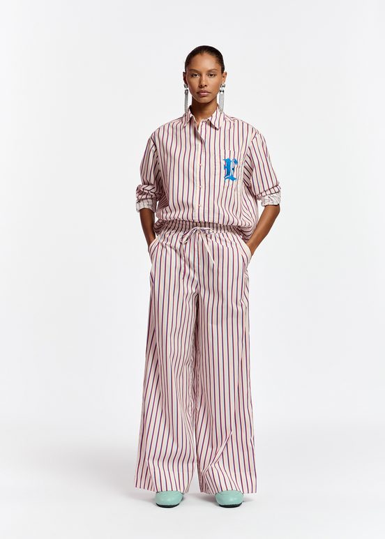 Ecru, burgundy and blue striped cotton pants