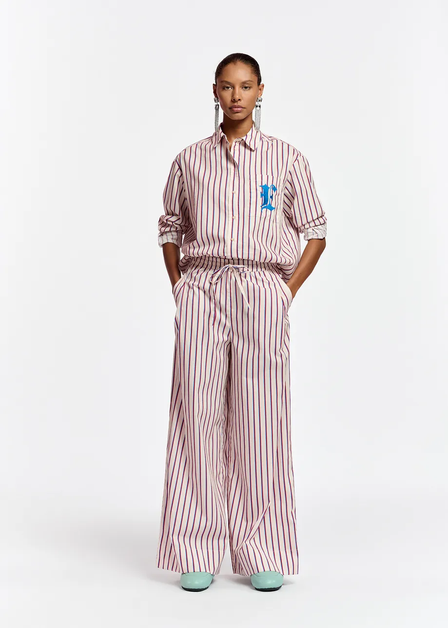 Ecru, burgundy and blue striped cotton pants