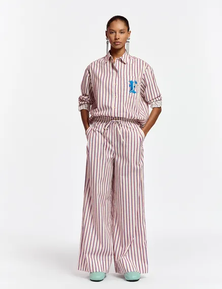 Ecru, burgundy and blue striped cotton pants