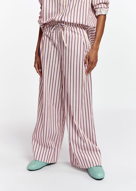 Ecru, burgundy and blue striped cotton pants