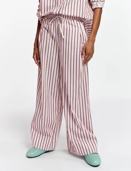 Ecru, burgundy and blue striped cotton pants