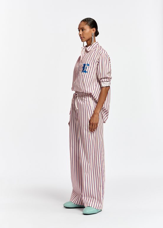 Ecru, burgundy and blue striped cotton pants