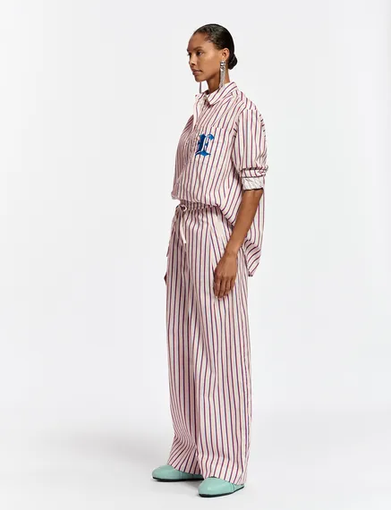 Ecru, burgundy and blue striped cotton pants