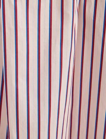 Ecru, burgundy and blue striped cotton pants