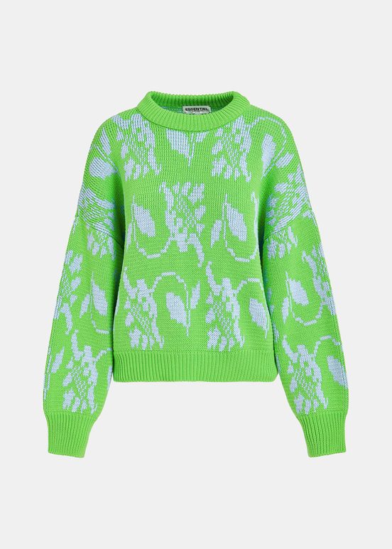 Green and light blue floral-jacquard knit sweater