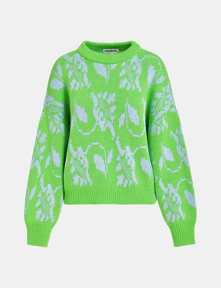 Green and light blue floral-jacquard knit sweater