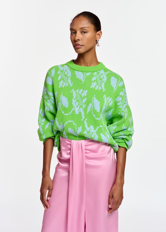 Green and light blue floral-jacquard knit sweater