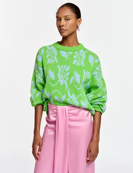 Green and light blue floral-jacquard knit sweater