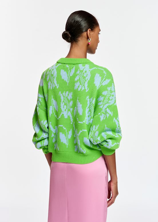 Green and light blue floral-jacquard knit sweater