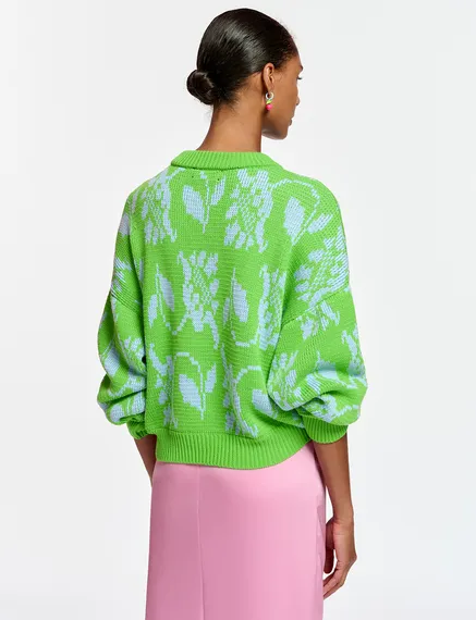 Green and light blue floral-jacquard knit sweater