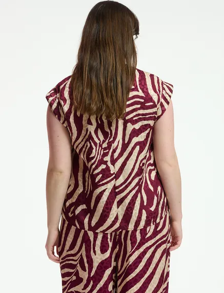 Burgundy and ecru zebra-print top