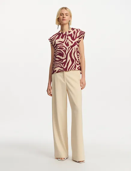 Burgundy and ecru zebra-print top