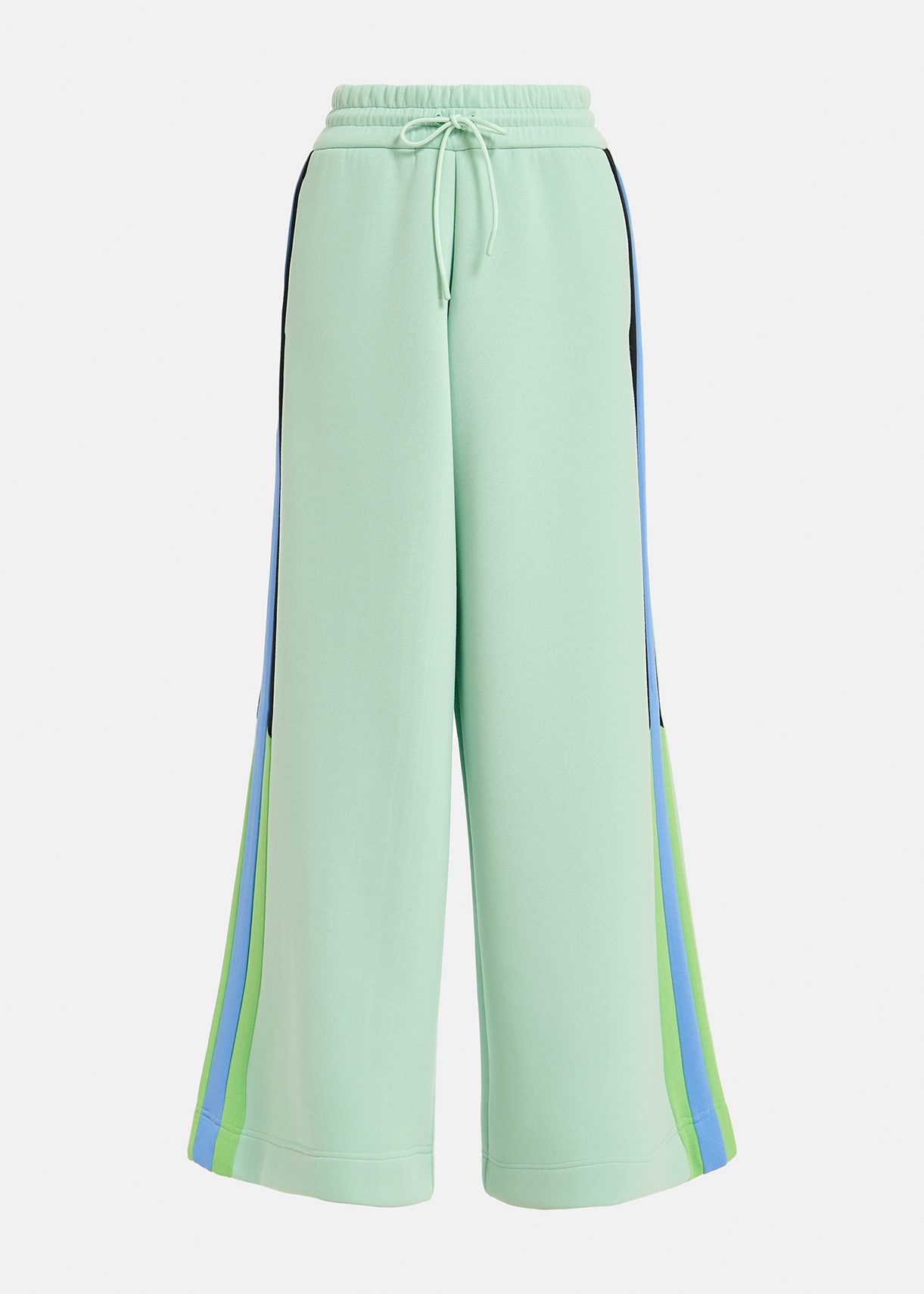 Mint green track pants with black and blue stripes