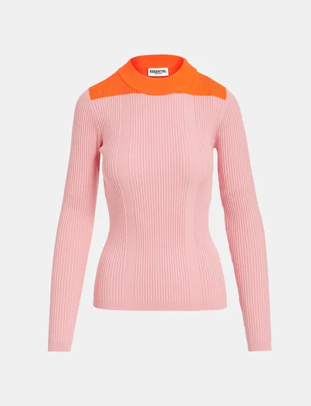 Pull en côtes vieux rose et orange