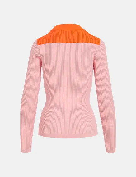 Pull en côtes vieux rose et orange