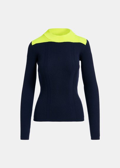 Pull en côtes bleu marine et jaune