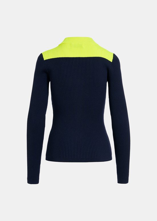 Pull en côtes bleu marine et jaune