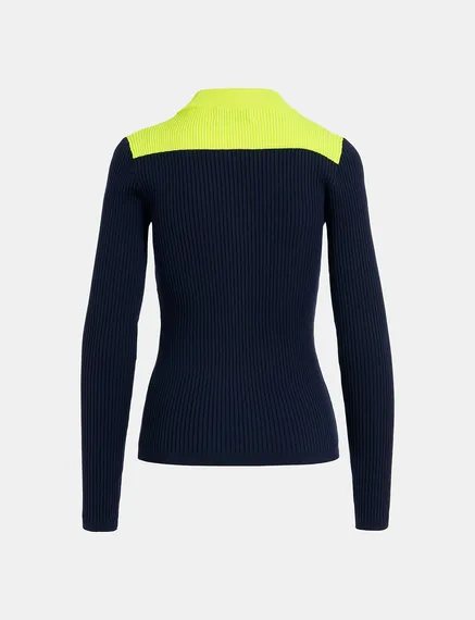 Navy blue and yellow rib-knitted sweater