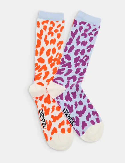 Off-white, light blue and orange leopard-motif socks