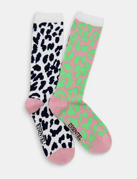 Vintage pink, white and neon green leopard-motif socks