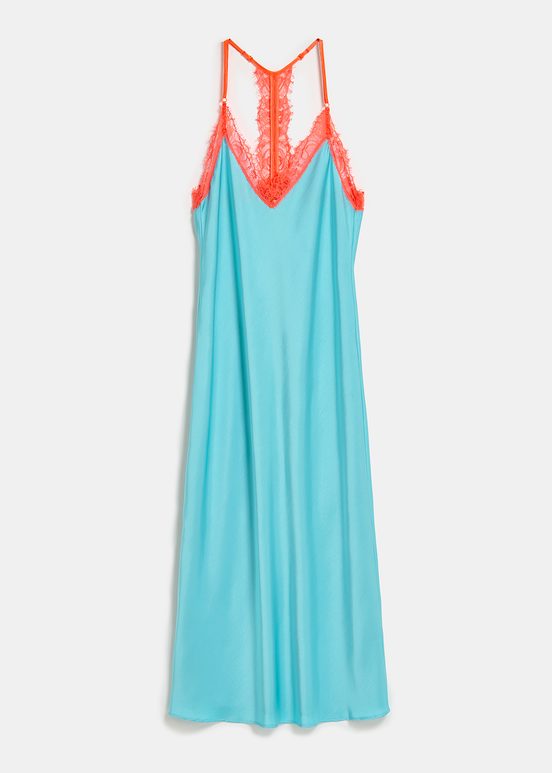 Blue slip dress with neon orange lace trimmings