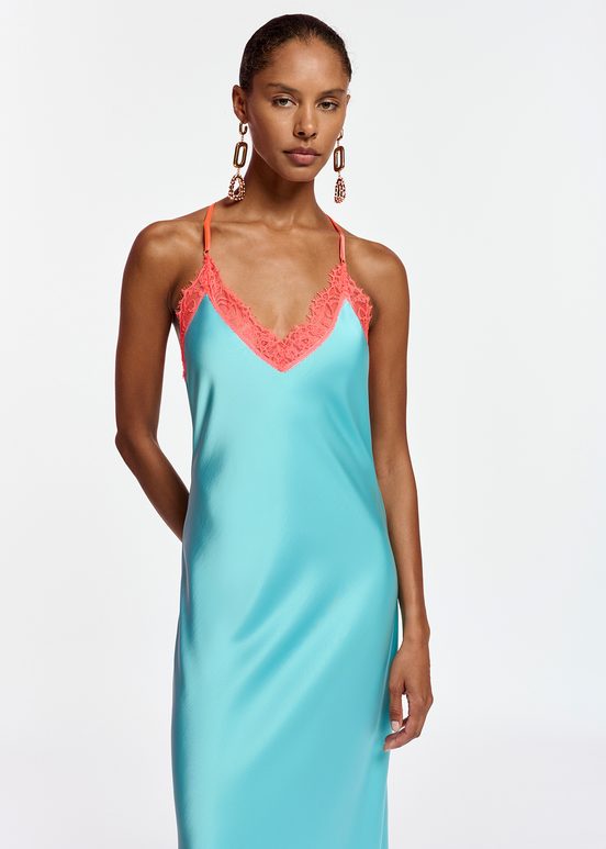 Blue slip dress with neon orange lace trimmings