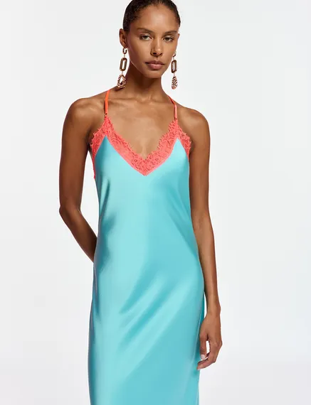 Blue slip dress with neon orange lace trimmings